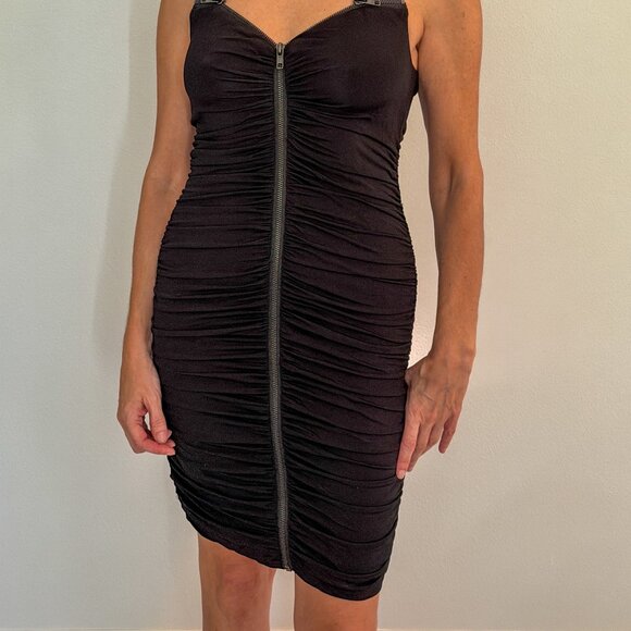 bebe Black Ruched Zip-Front Bodycon Dress – Size Small - Picture 2 of 6